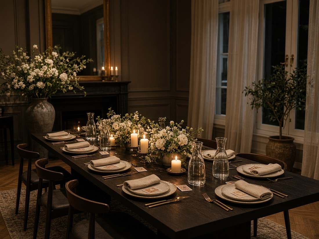 Grande table dressée pour une soirée privée, avec cartes et carafes d’eau